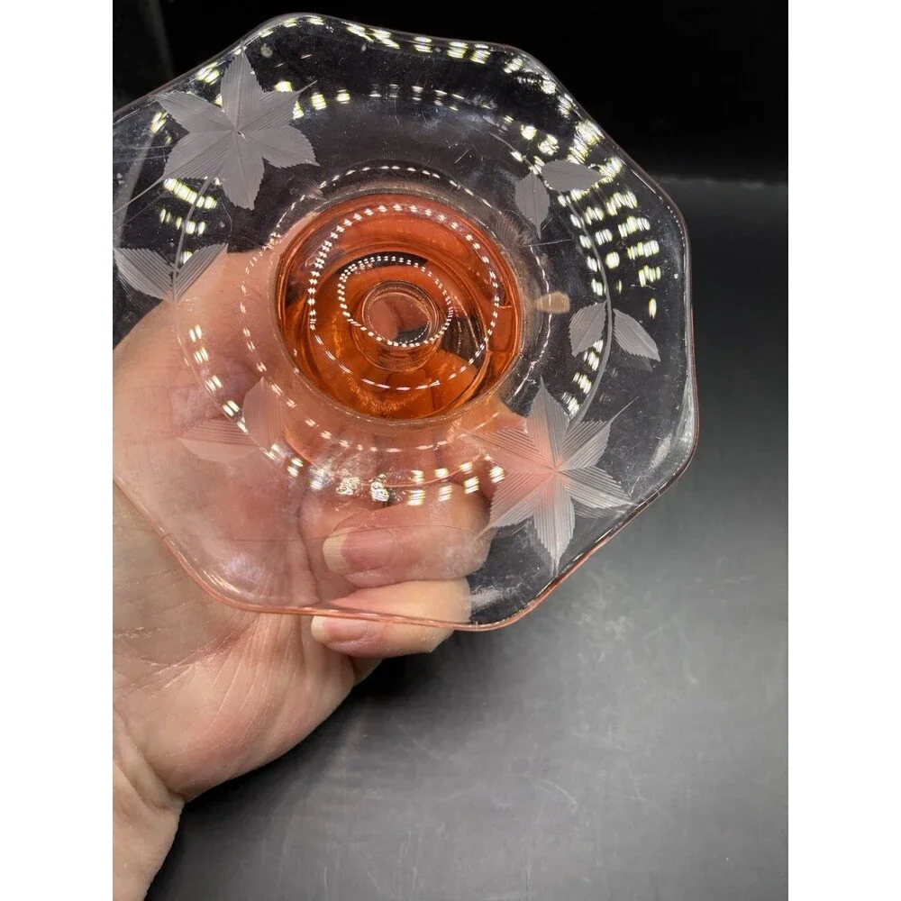 Vintage Pink Depression Glass Pillar Candle Holder Etched Floral Design